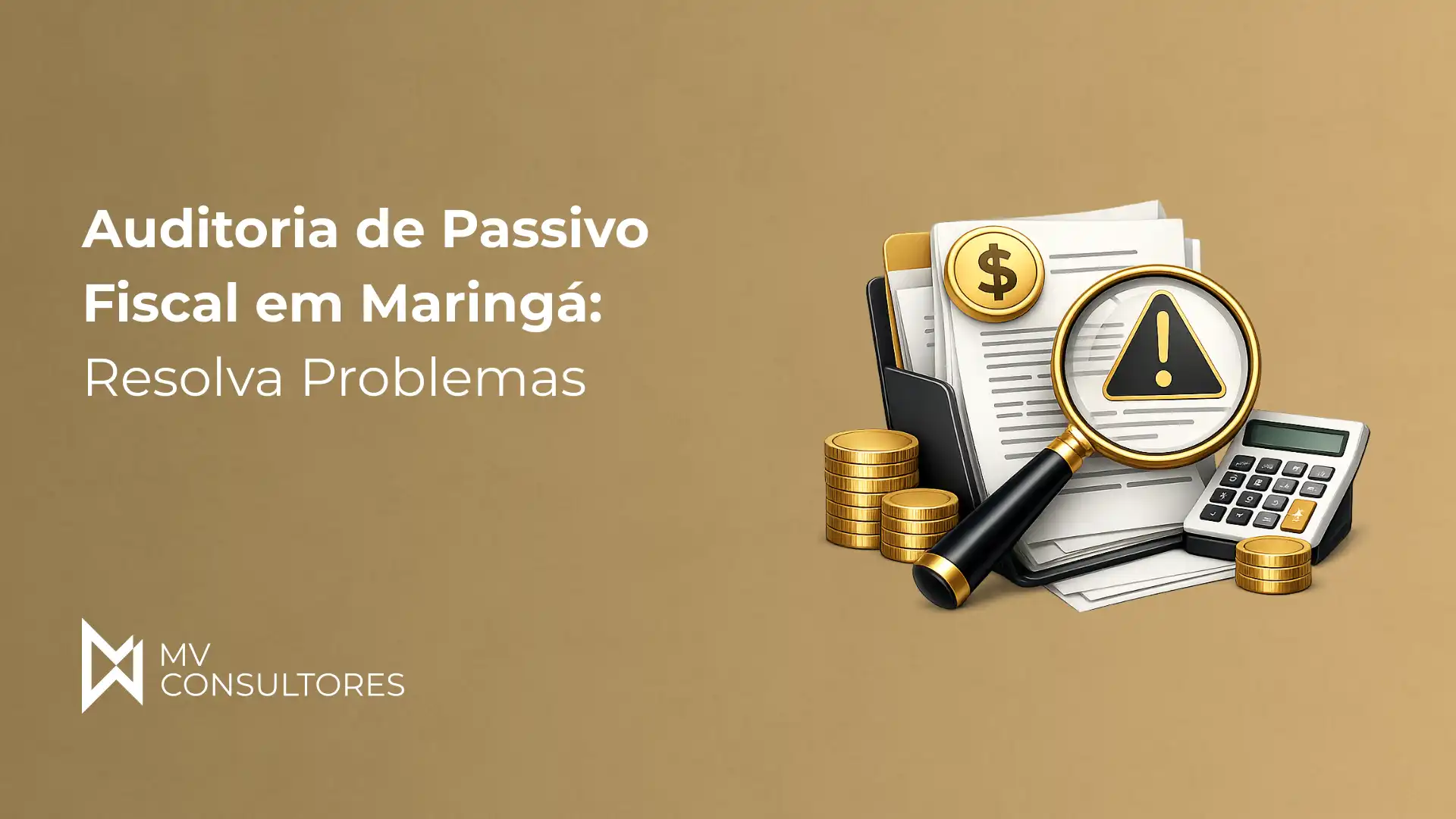 Auditoria de Passivo Fiscal em Maringá: solução para problemas fiscais e financeiros com imagens de documentos, lupa, moedas e calculadora