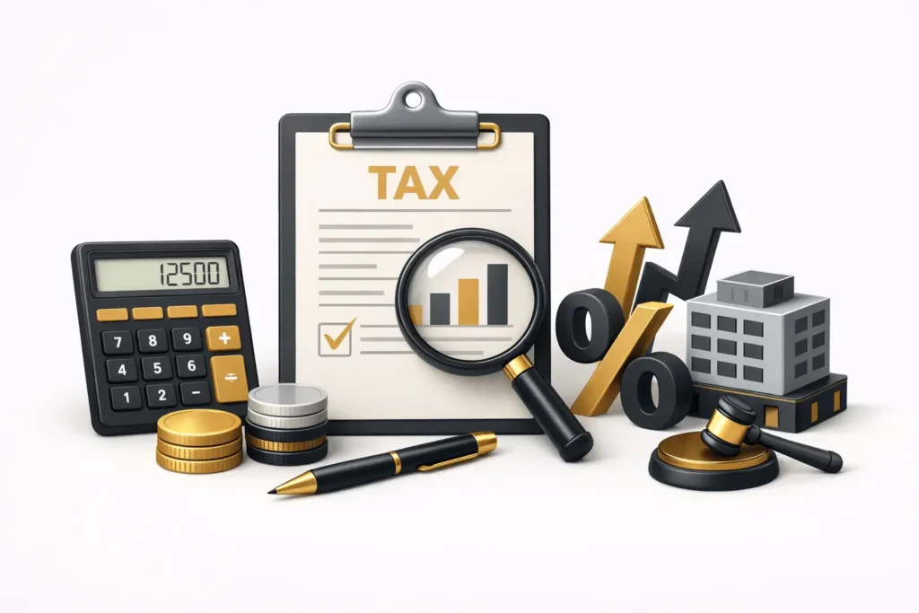 imagem de capa com calculadora, porcentagens, moedas, canetas, martelo de lei, referenciando temas tributários