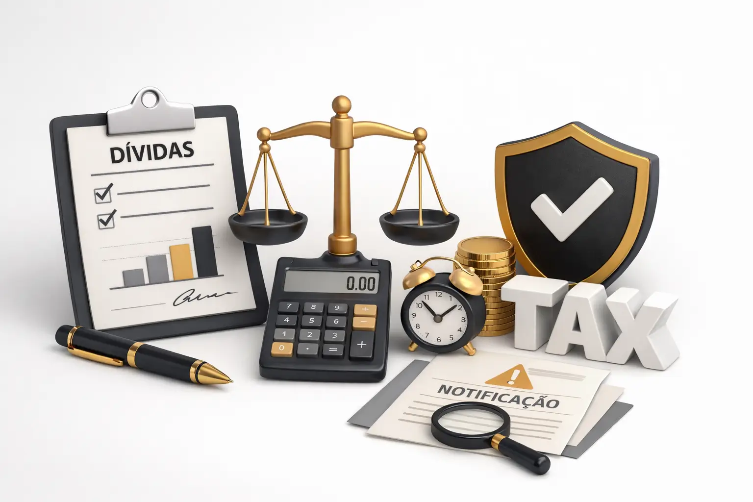 Imagem representando temas financeiros e tributários, incluindo dívidas, impostos, escala de justiça, relógio, dinheiro e documentos relacionados a notificação.