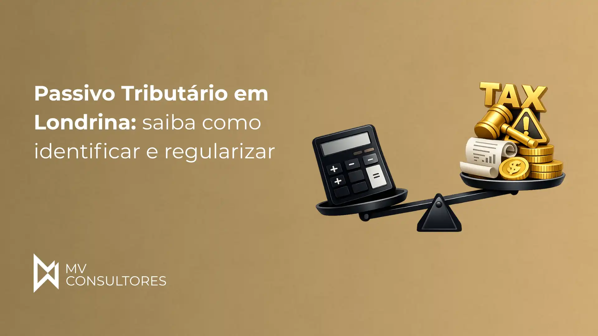 Imagem explicativa sobre passivo tributário em Londrina, com balança ilustrando impostos e arrecadação, além de foco em consultoria tributária.