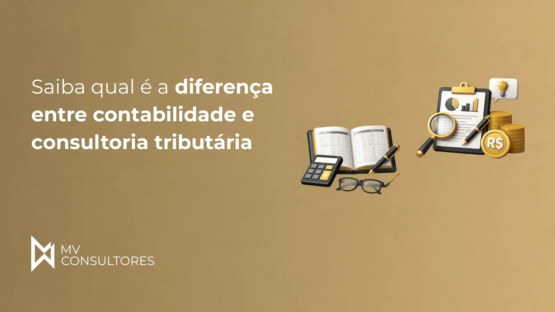 Imagem explicativa destacando a diferença entre contabilidade e consultoria tributária, com elementos como livros, calculadora, óculos, documento, lupa e moedas de ouro, representando serviços financeiros e fiscais.