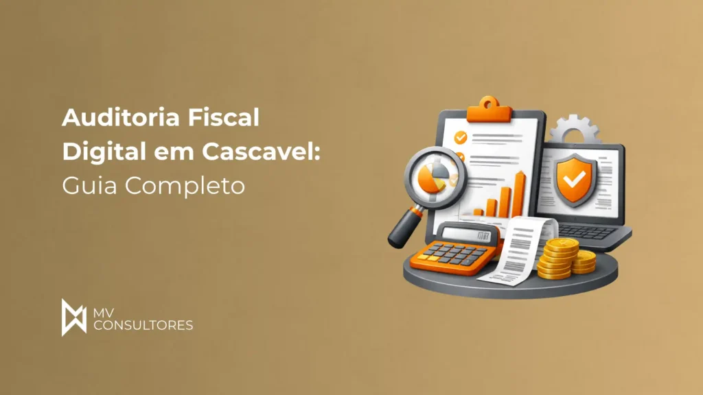 Imagem ilustrativa de uma capa de documento digital sobre auditoria fiscal em cascavel com gráficos, lupa e documentos, promovendo guia completo.