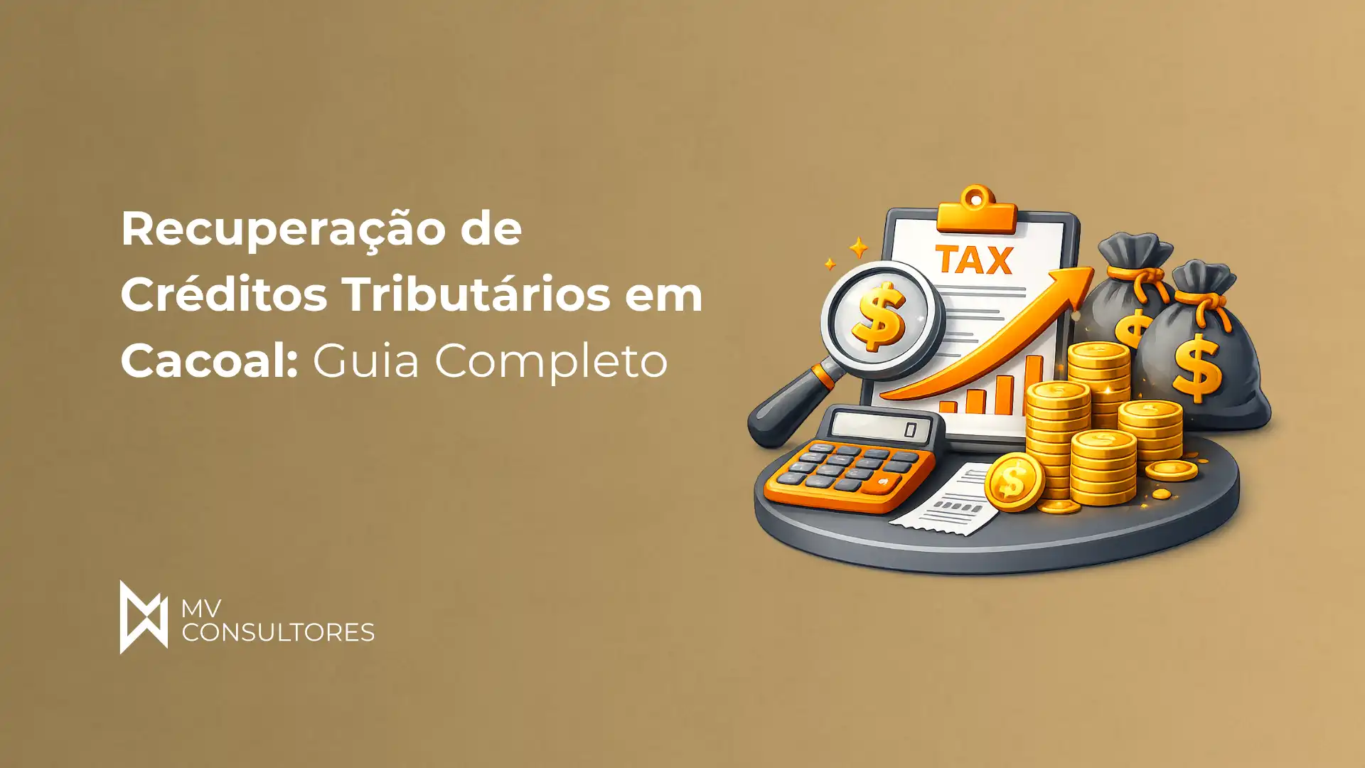 Imagem ilustrativa sobre recuperação de créditos tributários em Cacoal, mostrando uma calculadora, moedas, saco de dinheiro, gráfico de crescimento e lupa, representando guia completo de tributários.