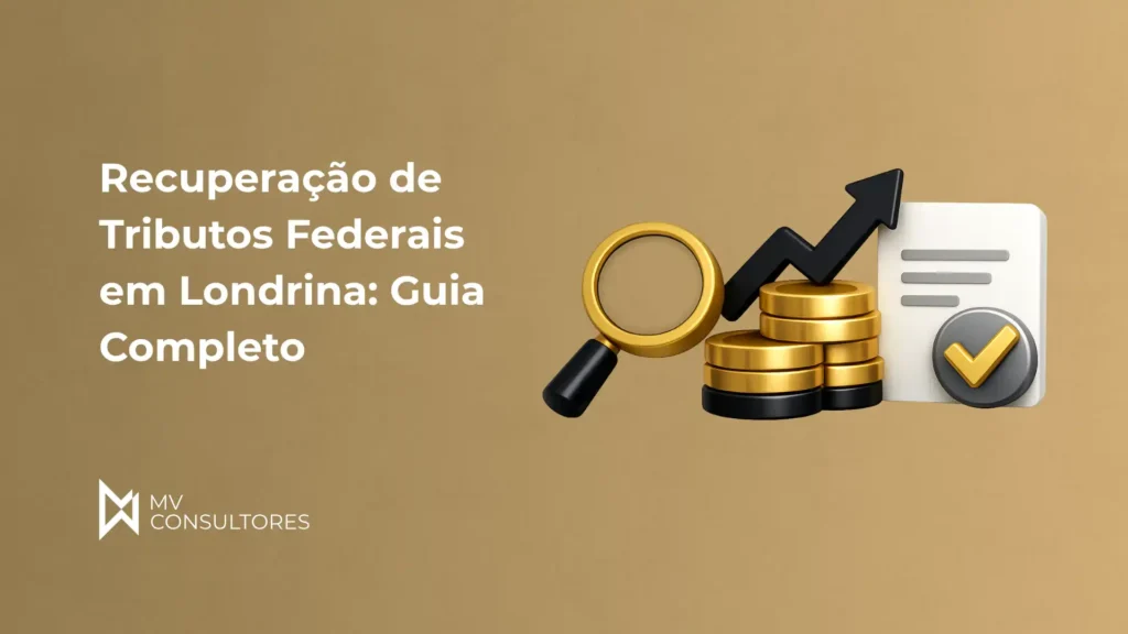 Imagem sobre recuperação de tributos federais em Londrina com gráficos de crescimento, dinheiro e lupa, destacando um guia completo.