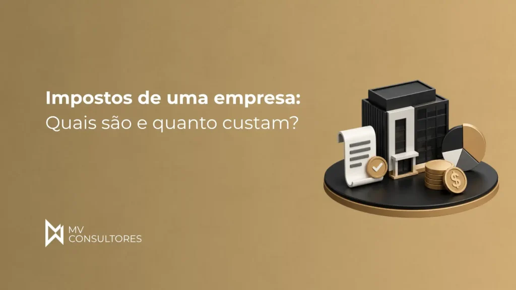 Imagem ilustrativa sobre impostos de uma empresa, incluindo documentos, moedas de ouro, gráficos e uma calculadora, com foco na explicação de custos empresariais.