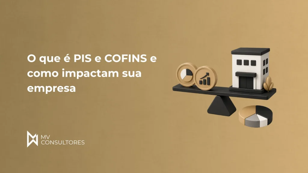 Imagem de capa com o texto “O que é PIS e COFINS e como impactam sua empresa” e ilustração de uma casa com moedas e gráficos, representando impostos e contribuições para negócios.