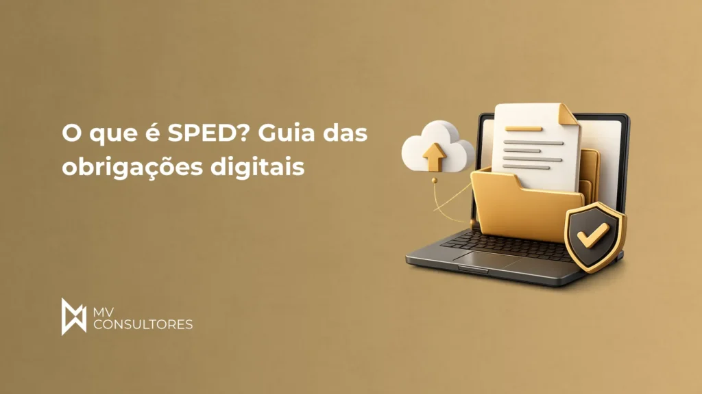 Imagem de capa com o texto “O que é SPED? Guia das obrigações digitais”, apresentando um notebook com pastas e documentos, uma pasta ao lado de ícone de nuvem e um escudo de proteção com marca de verificação.