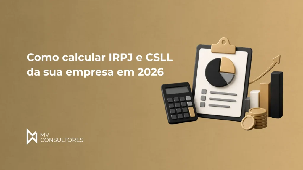 Imagem de capa com o texto “Como calcular IRPJ e CSLL da sua empresa em 2026”, mostrando calculadora, documento com gráfico de pizza, moedas e barras de crescimento, com logo MV Consultores no canto inferior esquerdo.