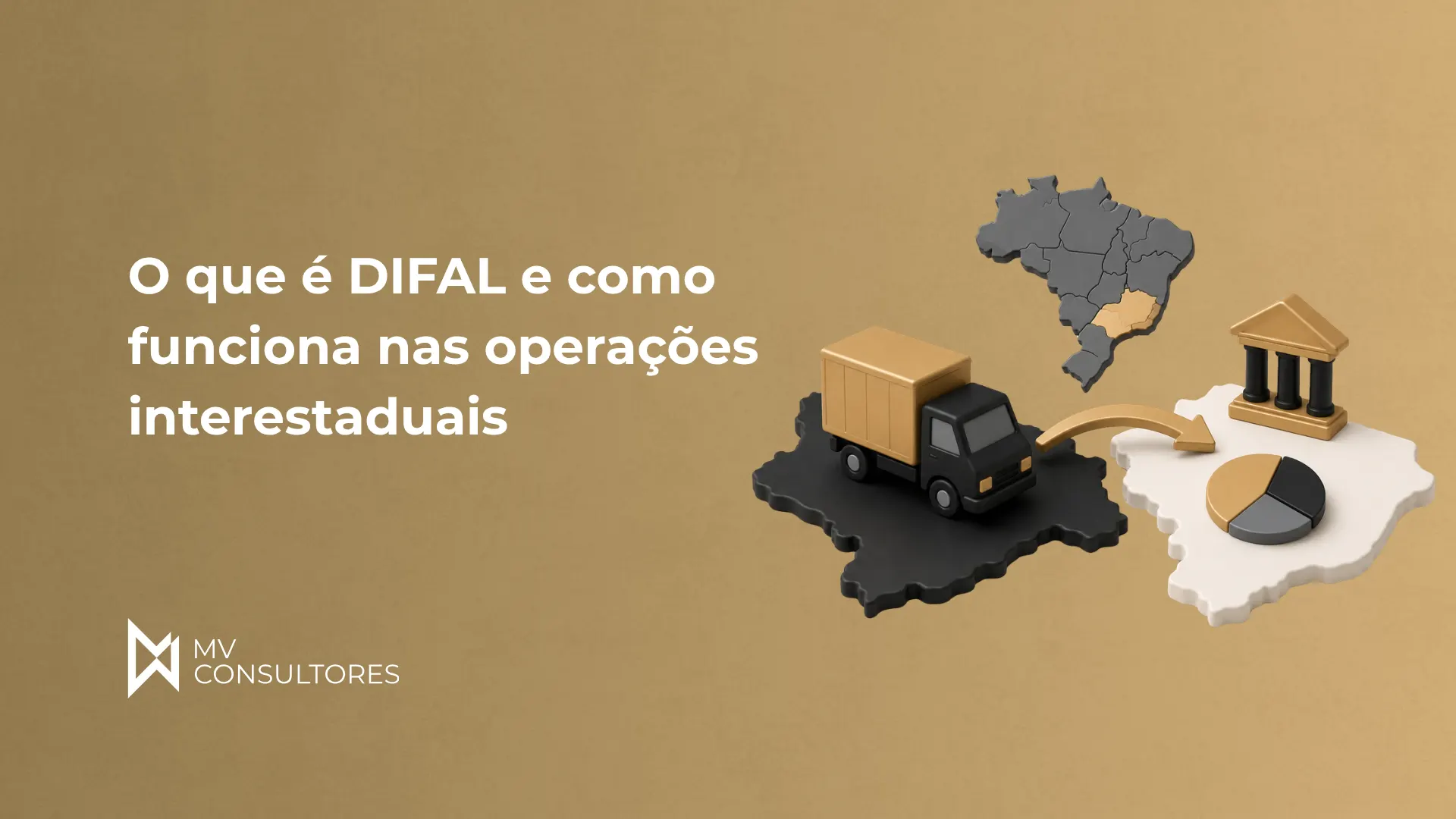 Imagem de capa com o texto “O que é DIFAL e como funciona nas operações interestaduais”, mostrando um mapa do Brasil e itens como caminhão de carga, caixas e ícones de imposto para representar operações interestaduais.