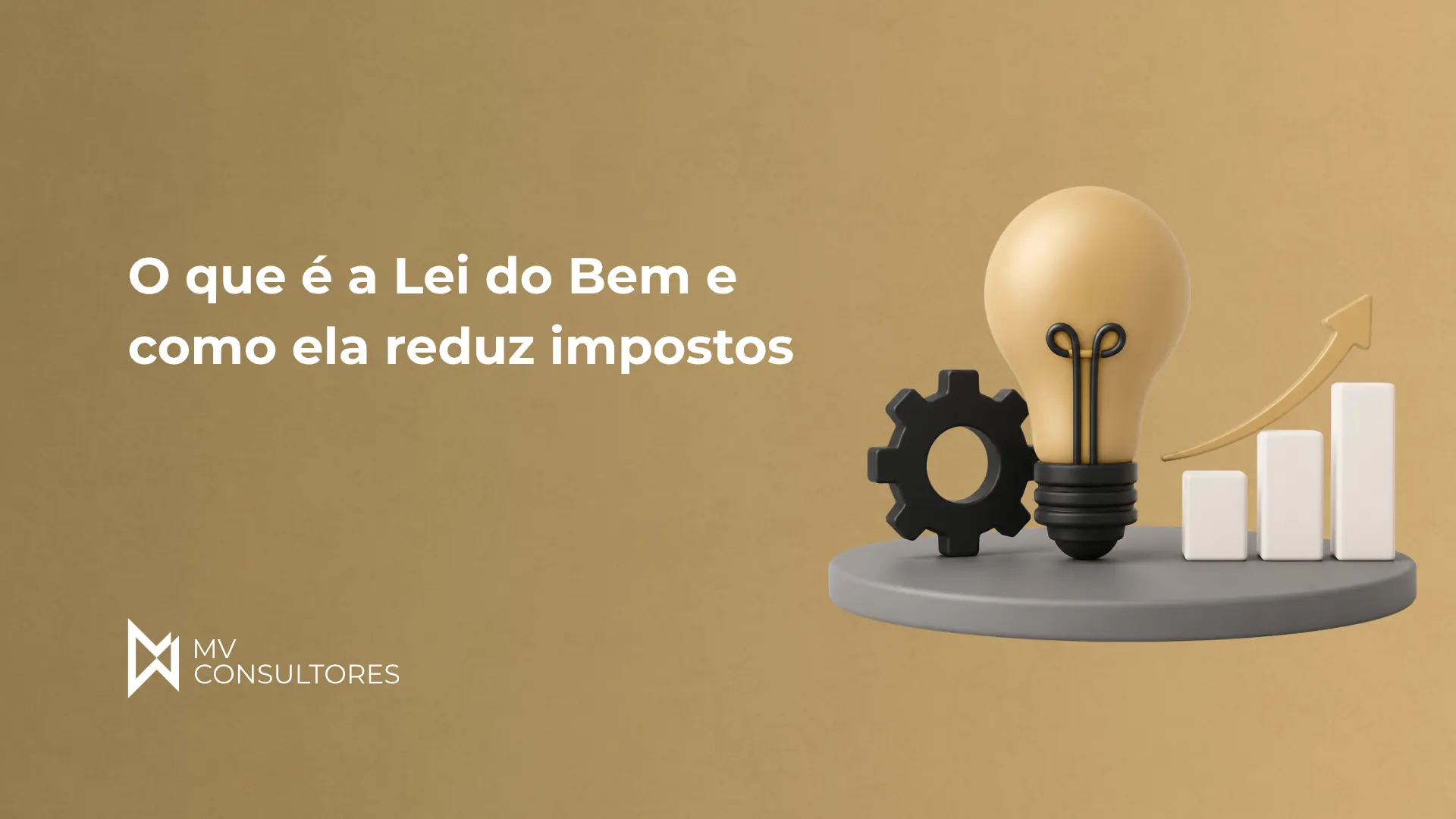Imagem com fundo bege e mensagem “O que é a Lei do Bem e como ela reduz impostos”, ao lado de ícones de lâmpada, engrenagem e gráfico em crescimento com barras brancas, representando incentivo fiscal