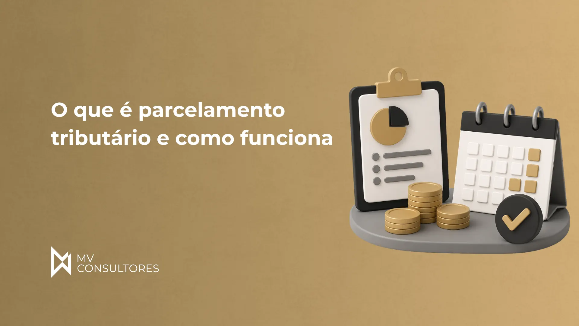 Ilustração sobre o que é parcelamento tributário: calendário e documento com ícone de imposto ao lado de moedas, com elementos visuais de pagamento e validação.