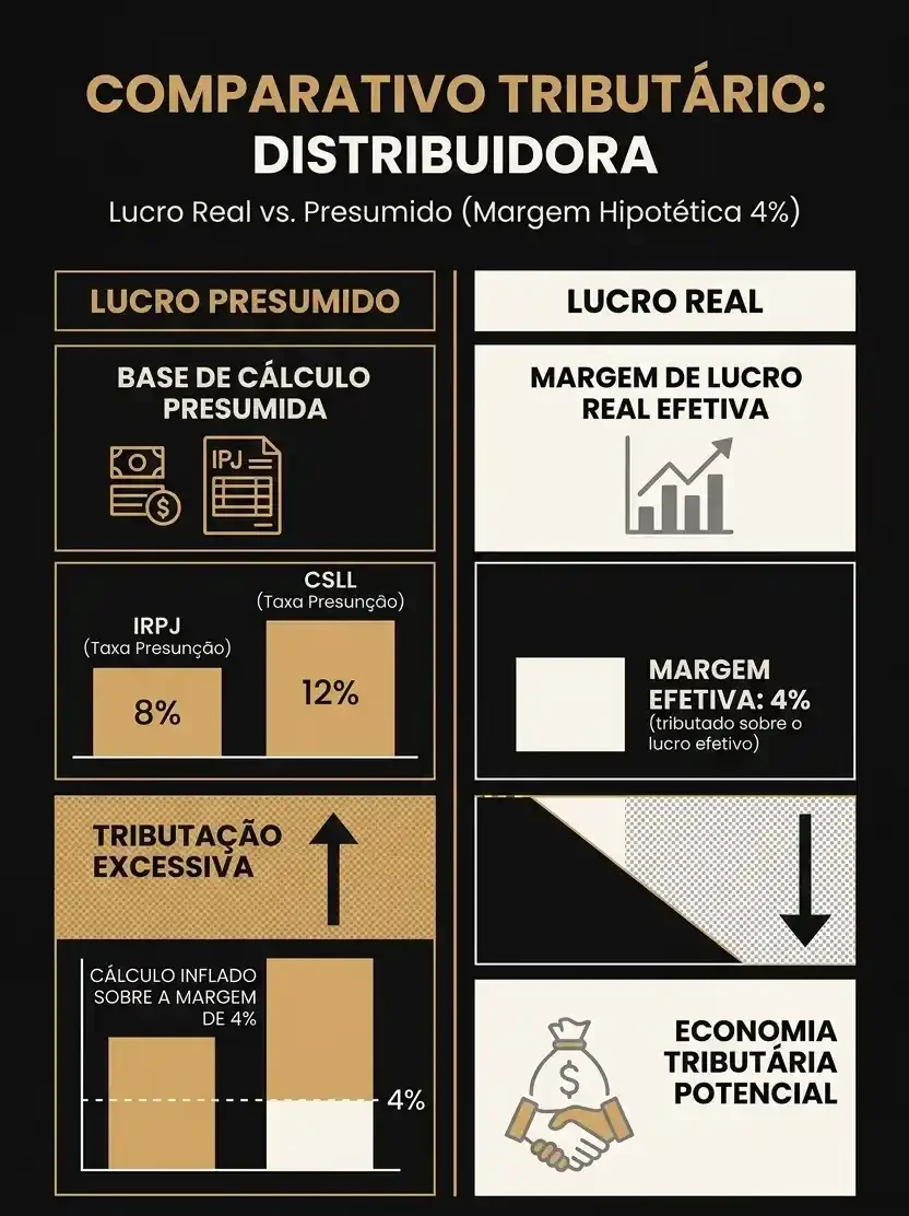 Infográfico comparativo tributário sobre Lucro Presumido vs Lucro Real na distribuidora, com base de cálculo, alíquotas de IRPJ e CSLL, margem efetiva de 4%, tributação e economia potencial.