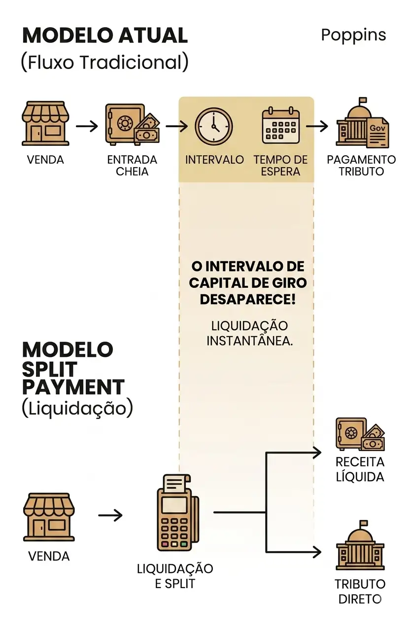 Infográfico de fluxo de pagamento com os modelos Poppins: “Modelo Atual (Fluxo Tradicional)” e “Modelo Split Payment (Liquidação)”, mostrando venda, entrada de cheques, intervalo de capital, tempo de espera, pagamento de tributo e receita líquida, com a mensagem “O intervalo de capital de giro desaparece!”.