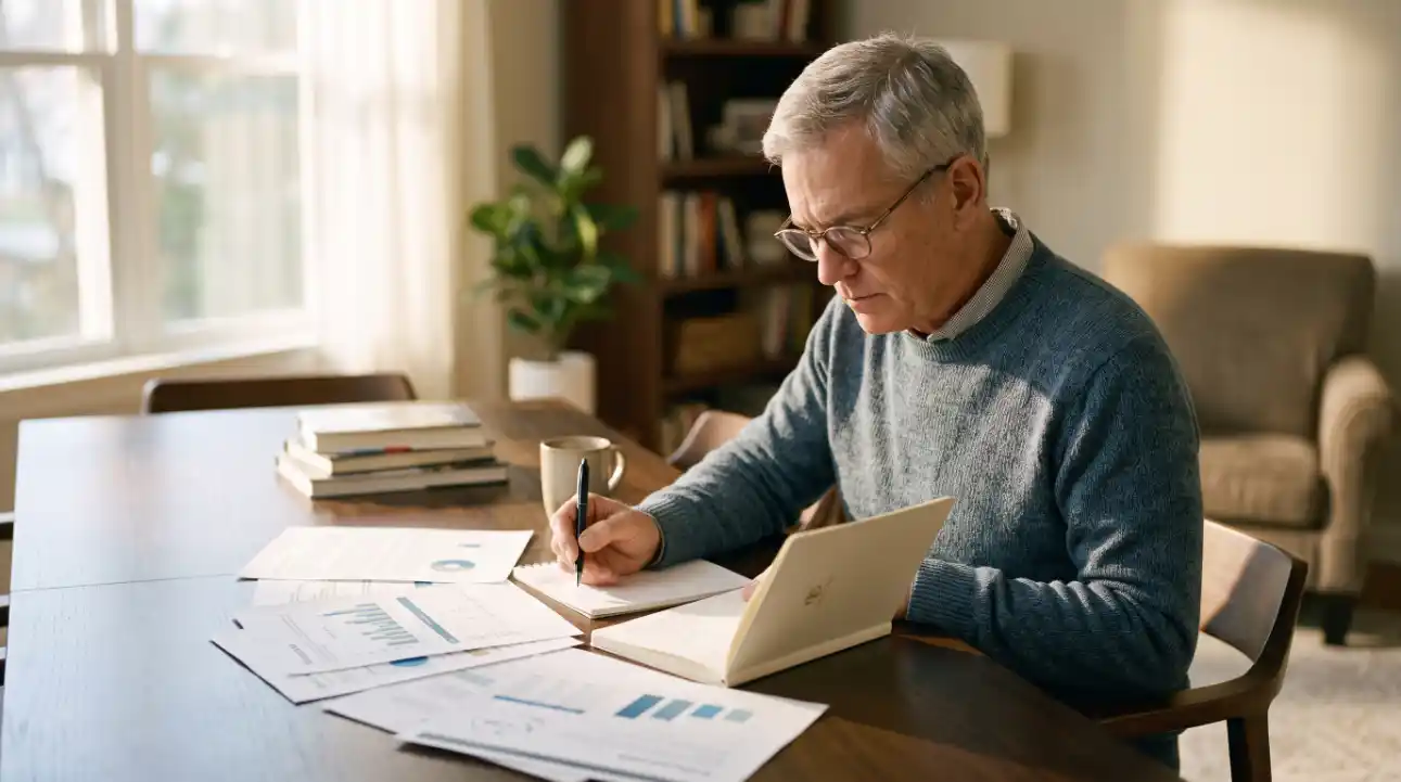 Homem mais velho sentado em uma sala de estar, trabalhando em documentos e gráficos impressos enquanto escreve em um caderno e utiliza um notebook na mesa, com ambiente acolhedor ao fundo.