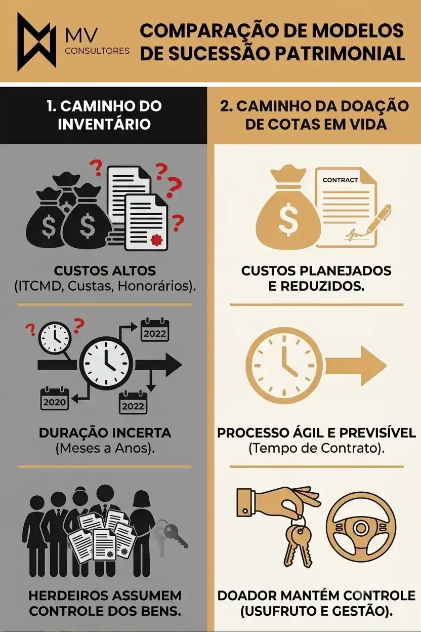 Infográfico “Comparação de Modelos de Sucessão Patrimonial” com duas colunas: caminho do inventário com custos altos, duração incerta e herdeiros assumem o controle; e caminho da doação de cotas em vida com custos planejados e reduzidos, processo ágil e doador mantém controle (usufruto e gestão).