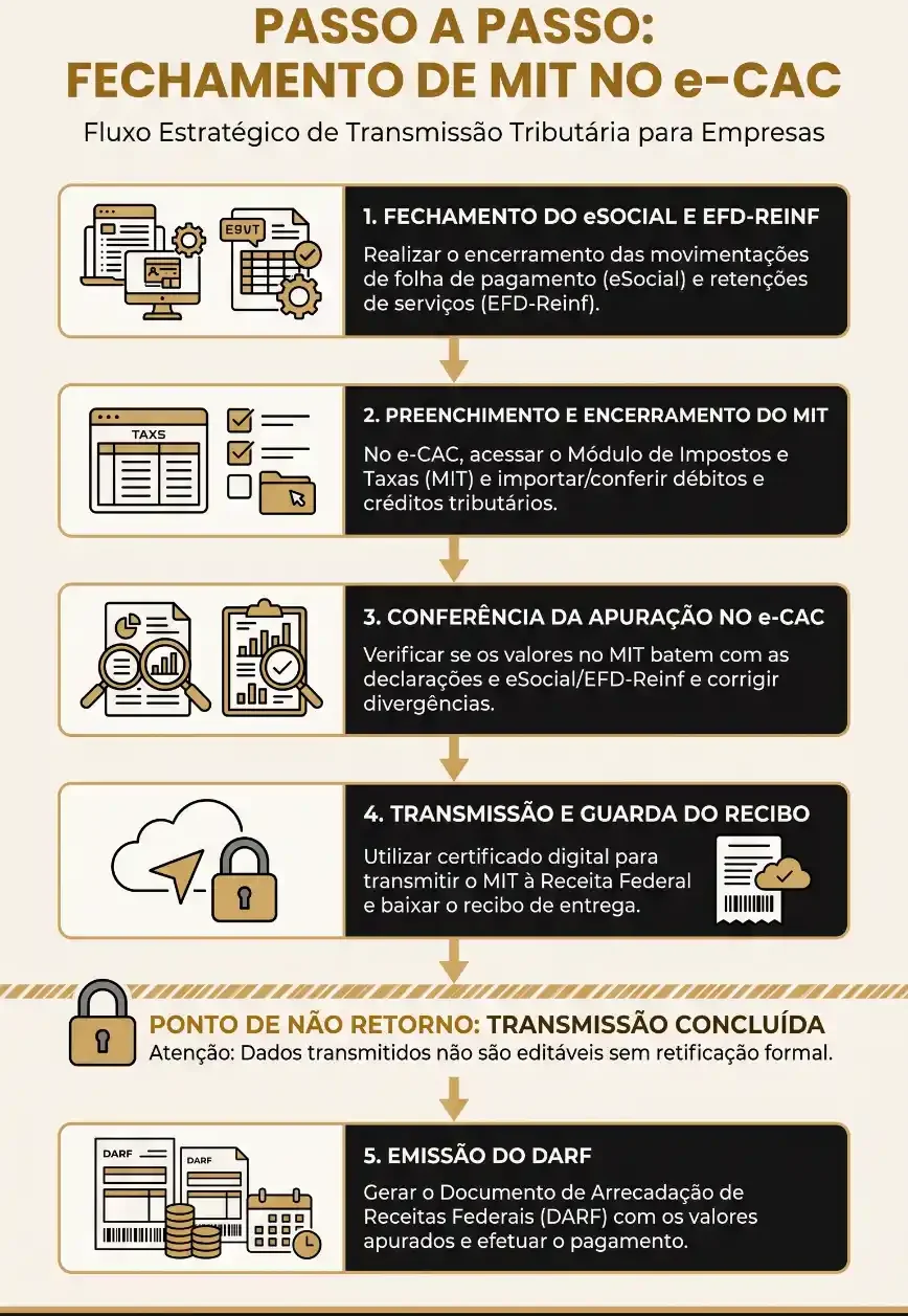 Infográfico “Passo a passo: fechamento de MITS no e-CAC” com orientações de encerramento do eSocial e EFD-Reinf, preenchimento do MIT, conferência da apuração, transmissão com certificado digital, guarda do recibo e emissão do DARF, da MV Consultores.