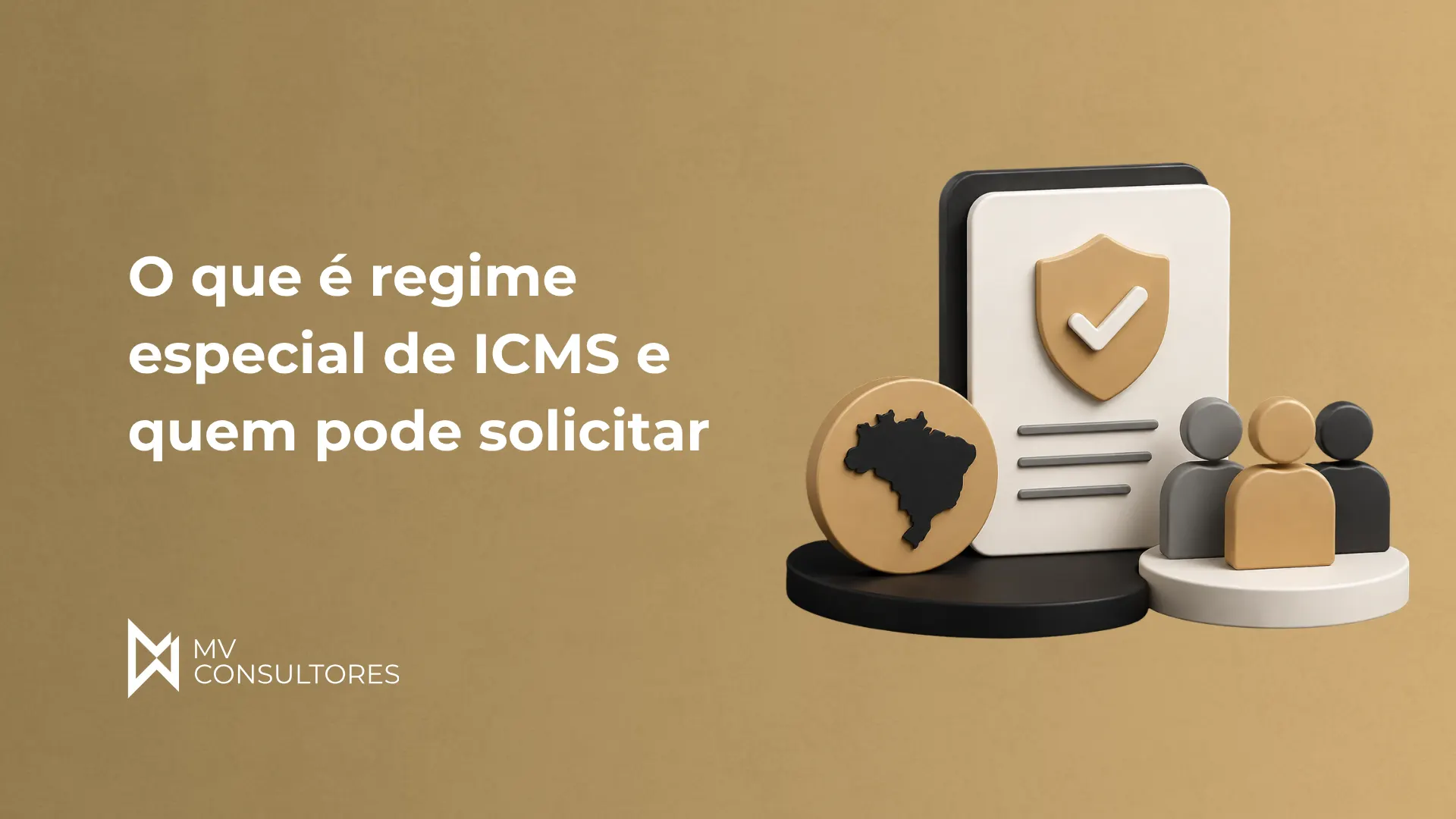 Ilustração sobre “O que é regime especial de ICMS e quem pode solicitar”, com um documento e um escudo com check, além de mapa do Brasil e pessoas em base para representar solicitação e regularização tributária.