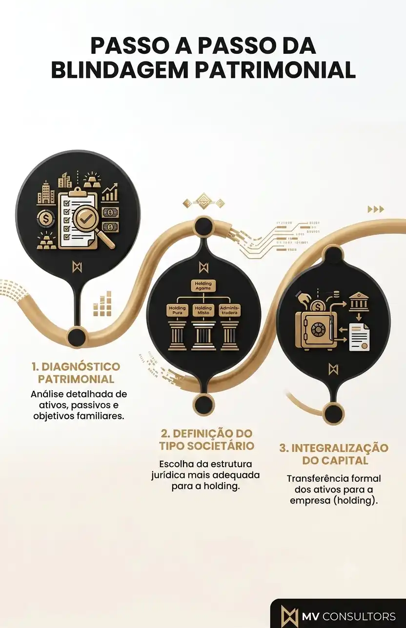 Infográfico “Passo a passo da blindagem patrimonial” com três etapas: diagnóstico patrimonial, definição do tipo societário para holding e integralização do capital.