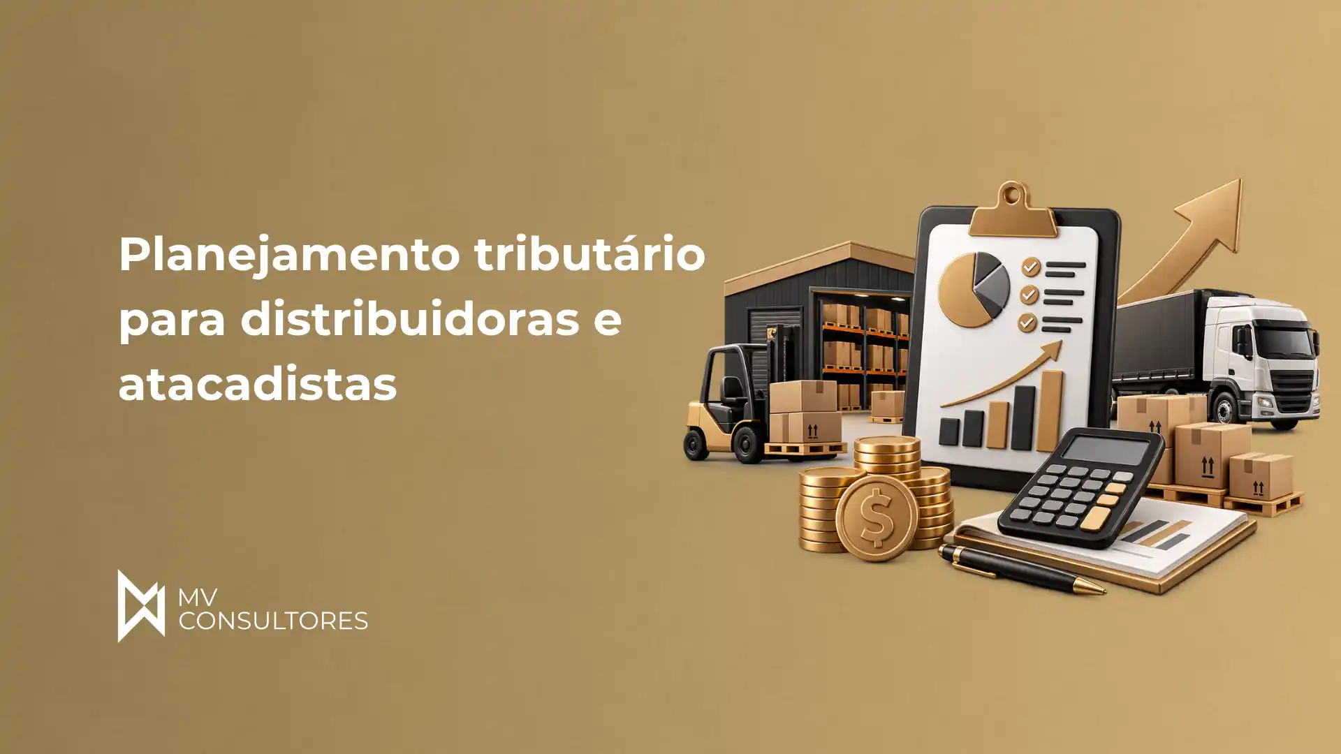 Planejamento tributário para distribuidoras e atacadistas com ícones de caminhão, armazém, caixas, gráfico em checklist e moedas sobre fundo bege, com logotipo MV Consultores no canto inferior esquerdo.