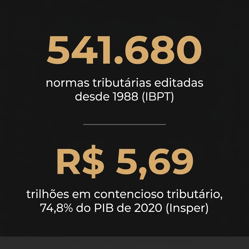 Arte com fundo escuro e números em destaque: 541.680 de normas tributárias editadas desde 1988 (IBPT) e R$ 5,69 trilhões em contencioso tributário, 74,8% do PIB de 2020 (I n s p e r).