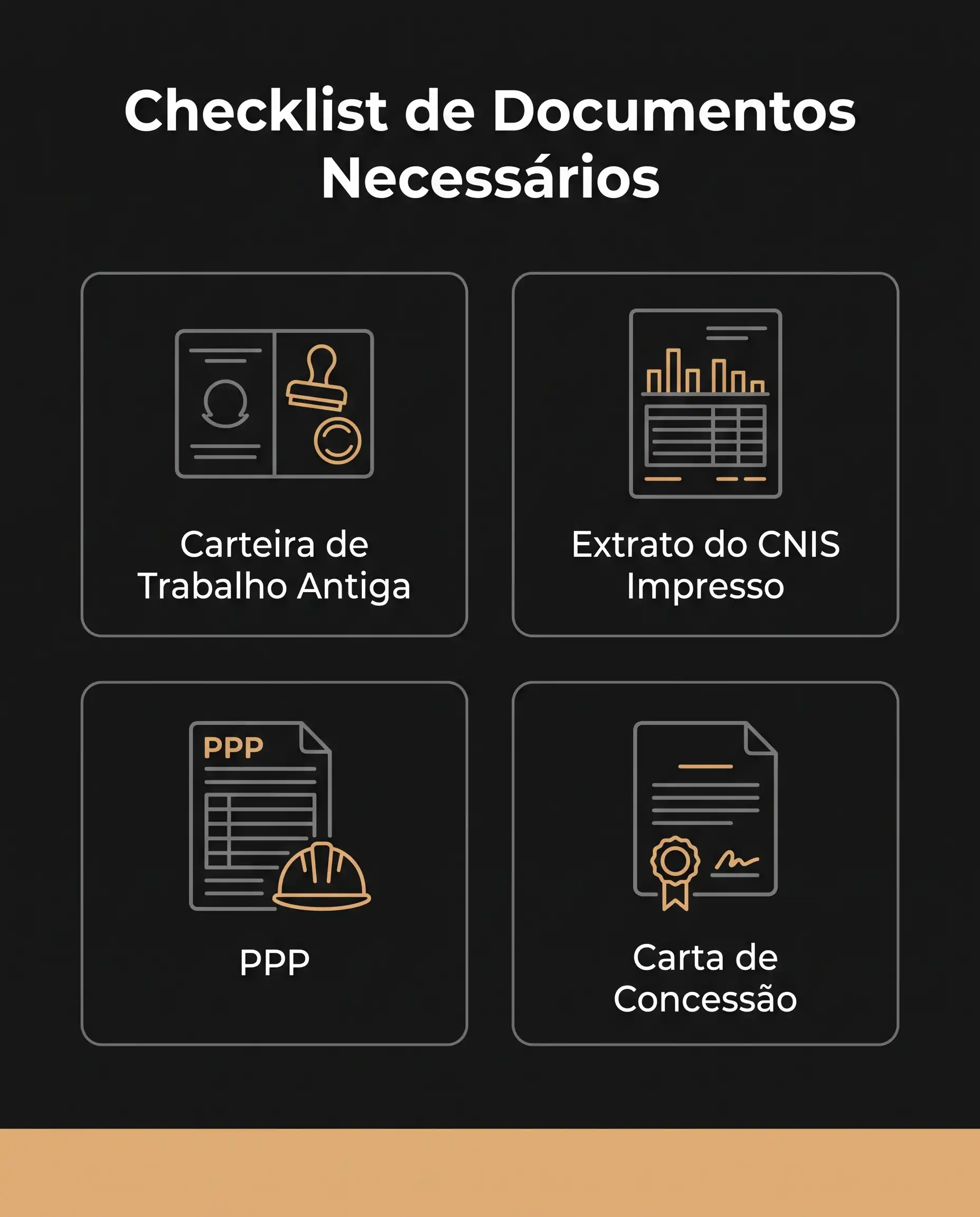 Checklist de documentos necessários em destaque, com ícones para Carteira de Trabalho Antiga, Extrato do CNIS Impresso, PPP e Carta de Concessão, em fundo escuro.