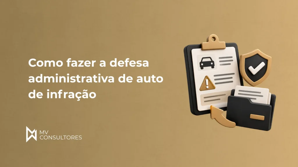 Ilustração com uma prancheta e pastas de documentos ao lado de um escudo, com o texto “Como fazer a defesa administrativa de auto de infração” e a marca MV Consultores.