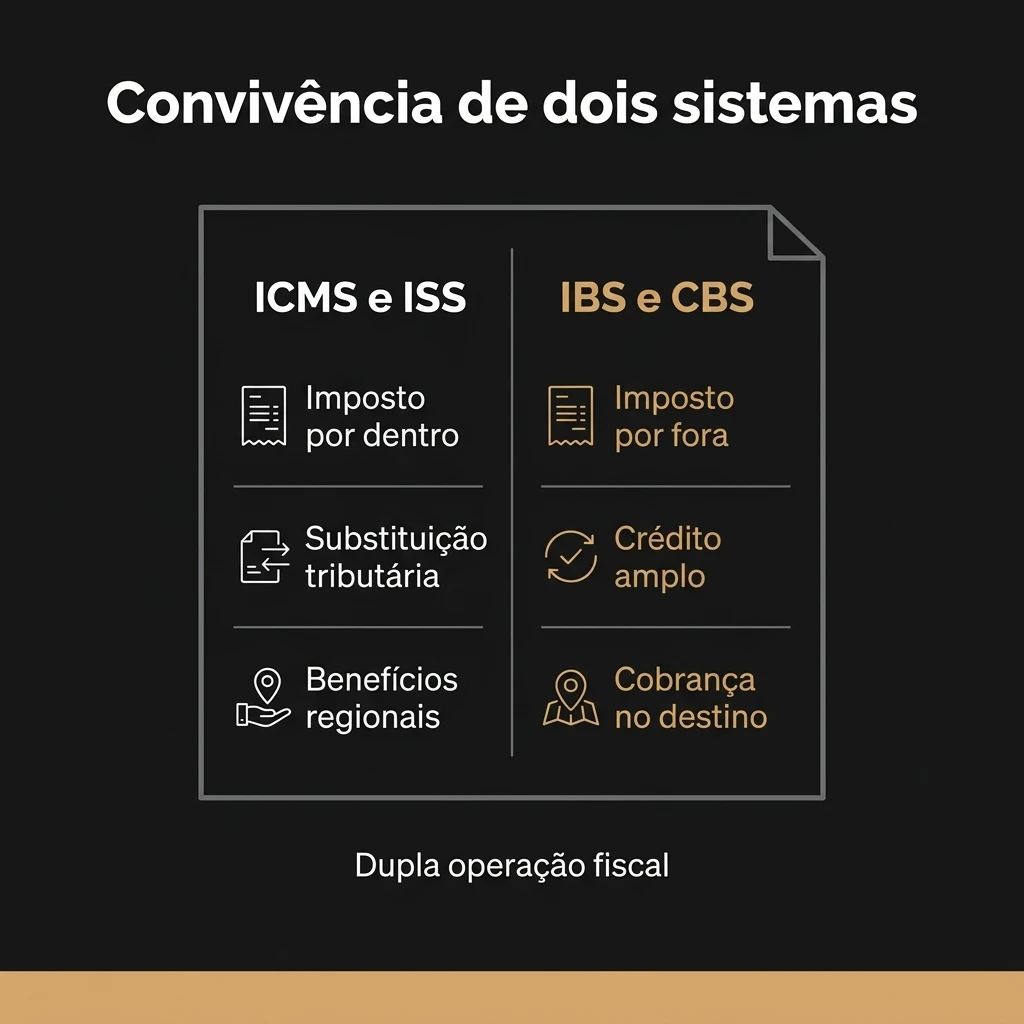 Infográfico com fundo escuro mostrando comparação entre dois sistemas tributários: ICMS e ISS à esquerda e IBS e CBS à direita, com bullets sobre imposto, substituição tributária, crédito amplo e cobrança no destino.