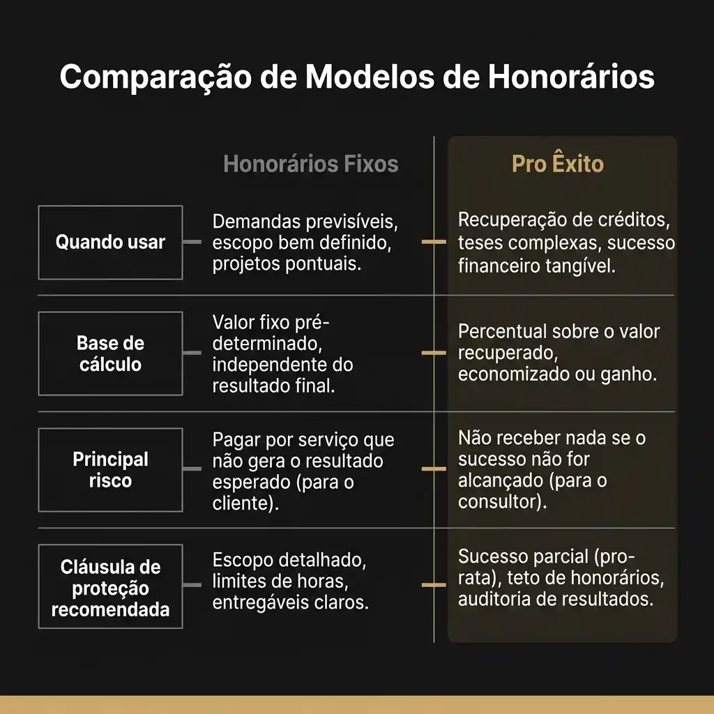 Infográfico com a comparação de modelos de honorários: honorários fixos com demandas previsíveis, base de cálculo fixa e cláusula de proteção; e pro êxito com recuperação de créditos e percentual sobre o valor recuperado.