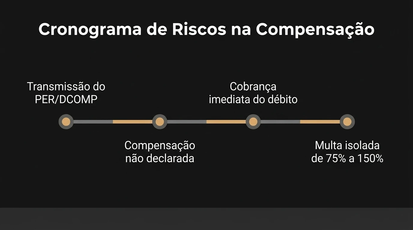 Infográfico com o título “Cronograma de Riscos na Compensação” mostrando uma linha do tempo com etapas: transmissão do PER/DCOMP, cobrança imediata do débito, compensação não declarada e multa isolada de 75% a 150%.