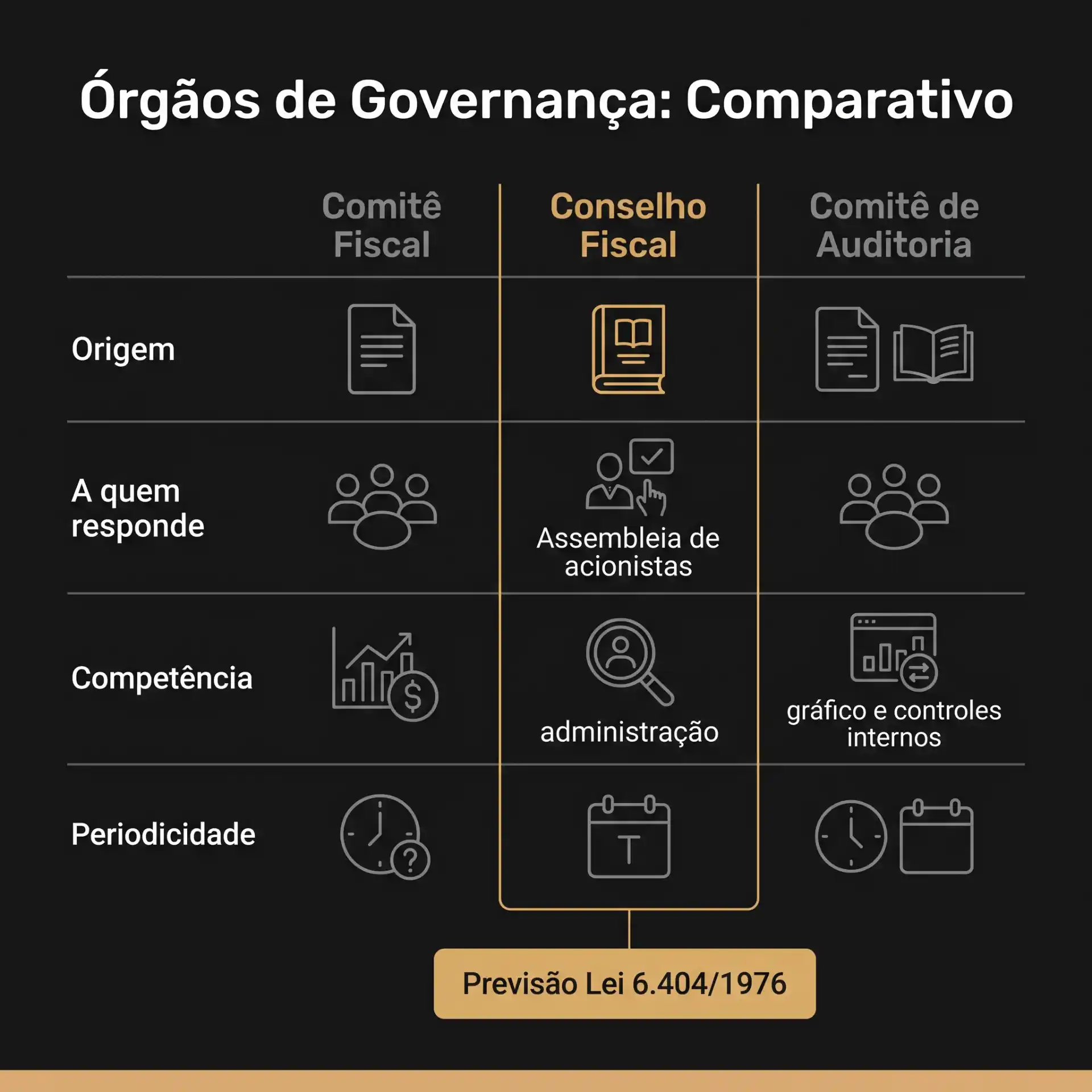 Infográfico comparativo sobre órgãos de governança, com colunas para Comitê Fiscal, Conselho Fiscal e Comitê de Auditoria. Traz origem, a quem responde, competência, periodicidade e referência à Lei 6.404/1976.