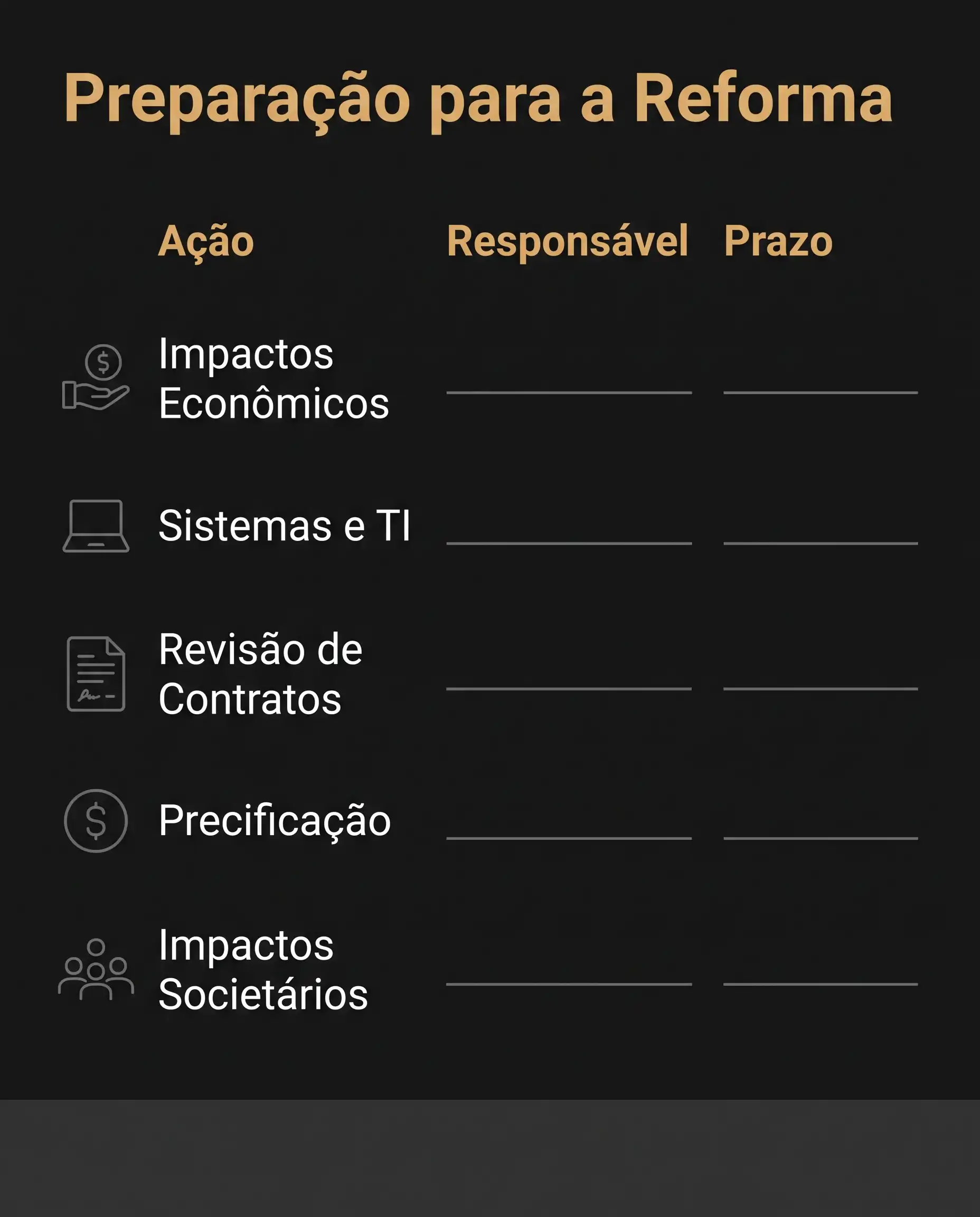 Infográfico com o texto “Preparação para a Reforma” e itens de planejamento como Ação, Responsável e Prazo, incluindo impactos econômicos, sistemas e TI, revisão de contratos e precificação.