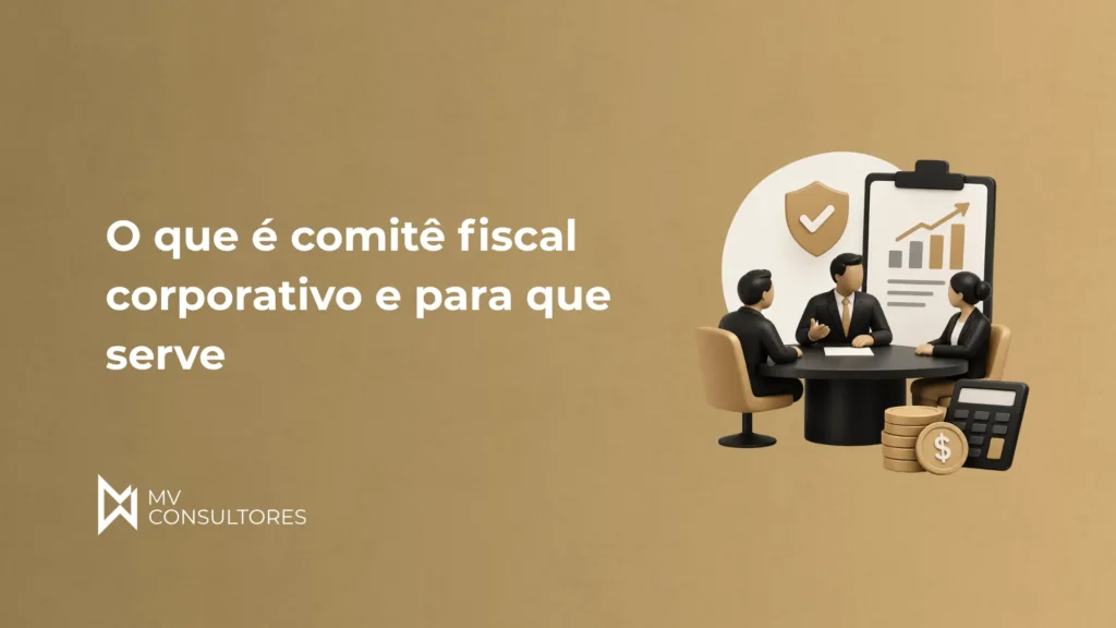 Imagem com fundo bege e texto “O que é comitê fiscal corporativo e para que serve”, com ilustração de reunião empresarial ao lado de um quadro financeiro, escudo de proteção e símbolos de valores (moedas e cifrão).