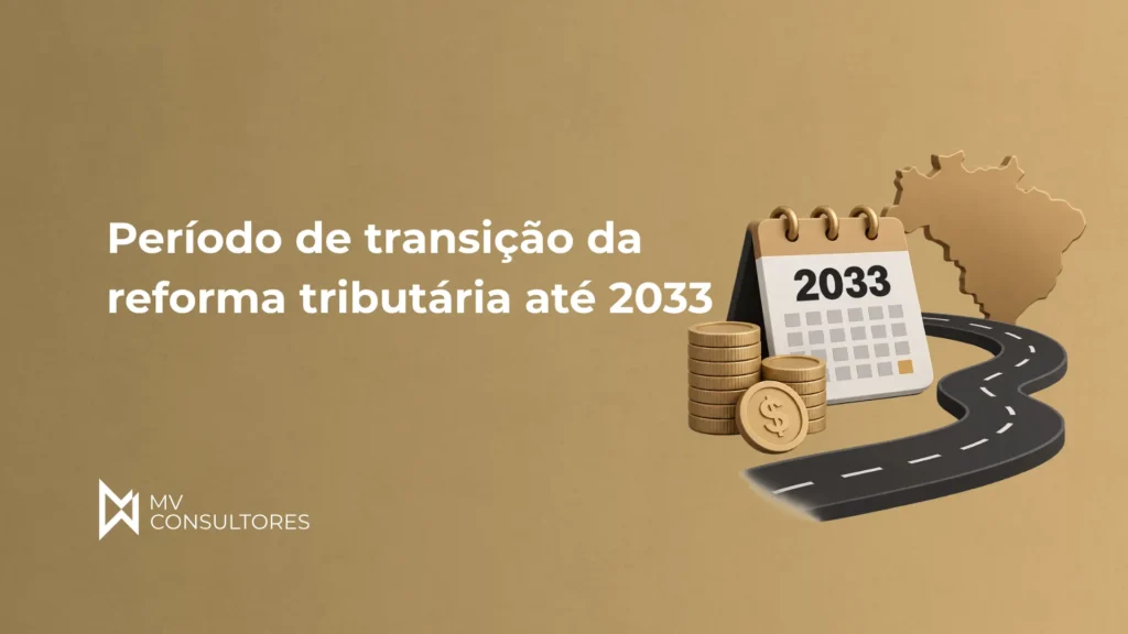 Período de transição da reforma tributária até 2033, com calendário 2033, moedas e mapa do Brasil sobre fundo bege, além de ícone de caminho.
