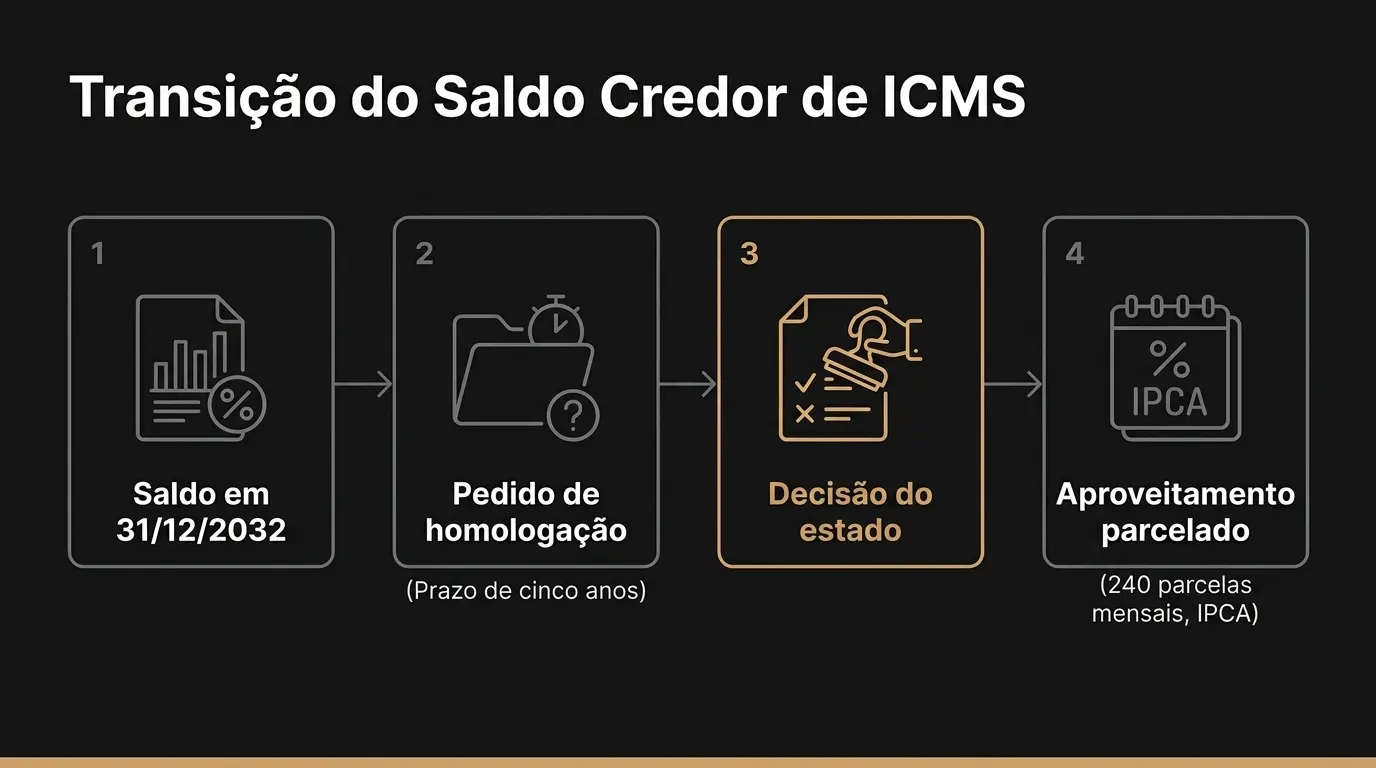 Infográfico sobre Transição do Saldo Credor de ICMS com etapas: saldo em 31/12/2032, pedido de homologação (prazo de cinco anos), decisão do estado e aproveitamento parcelado (240 parcelas mensais) com IPCA.