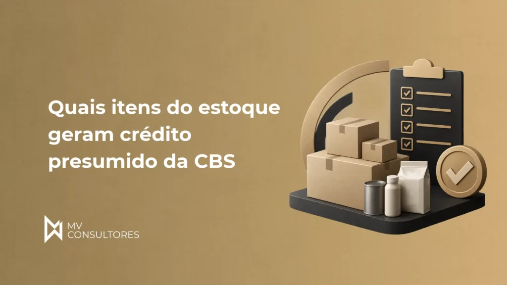 Imagem com ilustração de caixas empilhadas e itens de estoque com ícones de checklist e um símbolo de visto, representando quais itens do estoque geram crédito resumido da CBS.