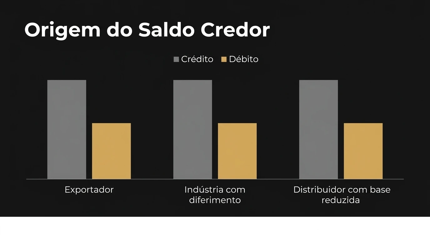 Gráfico de barras intitulado “Origem do Saldo Credor” com legenda Crédito e Débito, comparando Exportador, Indústria com diferimento e Distribuidor com base reduzida.